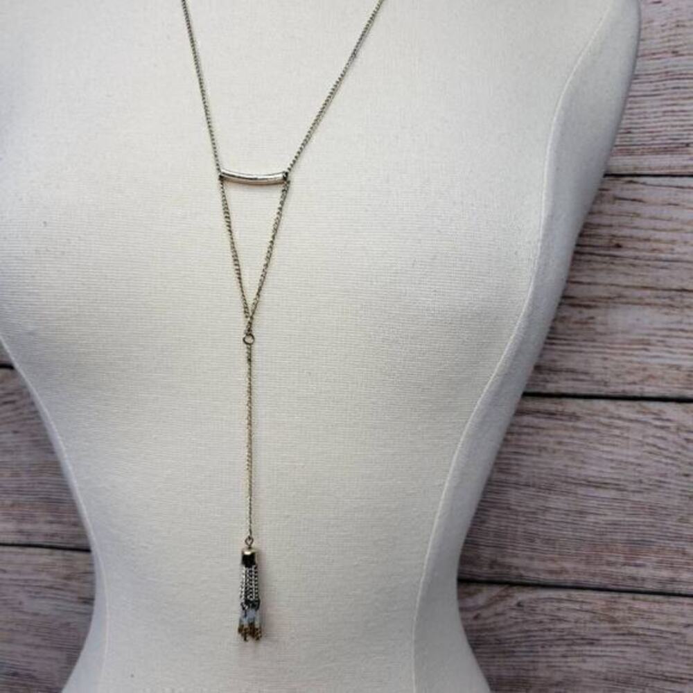 Marlyn Schiff Long Bar Tassle Lariat Silver Tone Necklace